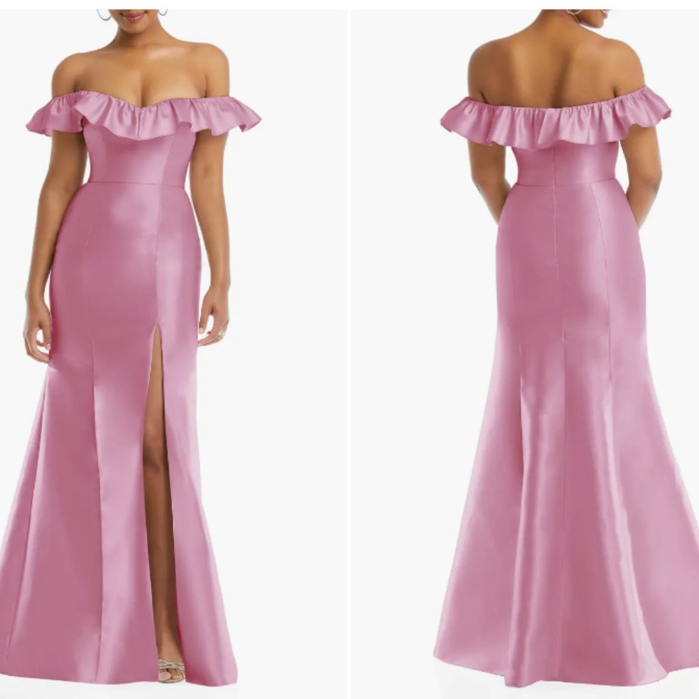 ALFRED SUNG D836 OFF THE SHOULDER RUFFLE SATIN POWDER PINK  TRUMPET GOWN sz 20